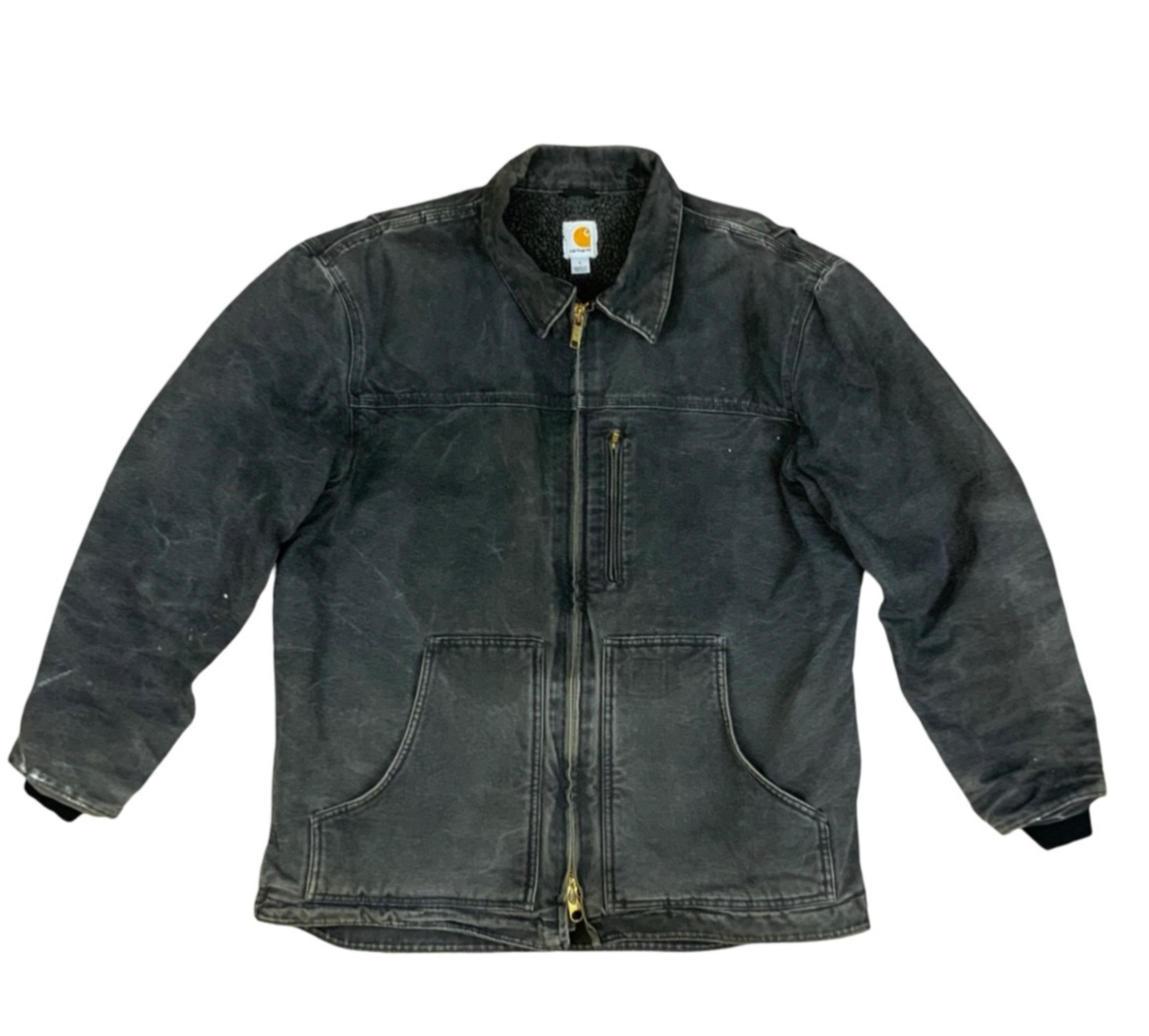 Vtg Carhartt Distressed Black Heavy Duck Canvas Workwear Jacket Fleece Lined XL