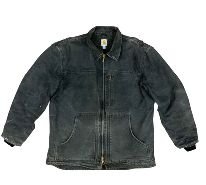 Vtg Carhartt Distressed Black Heavy Duck Canvas Workwear Jacket Fleece Lined XL