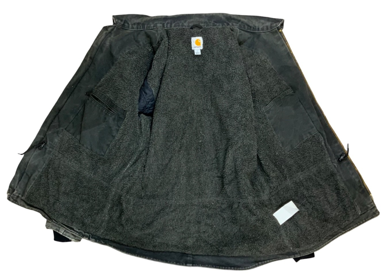 Vtg Carhartt Distressed Black Heavy Duck Canvas Workwear Jacket Fleece Lined XL