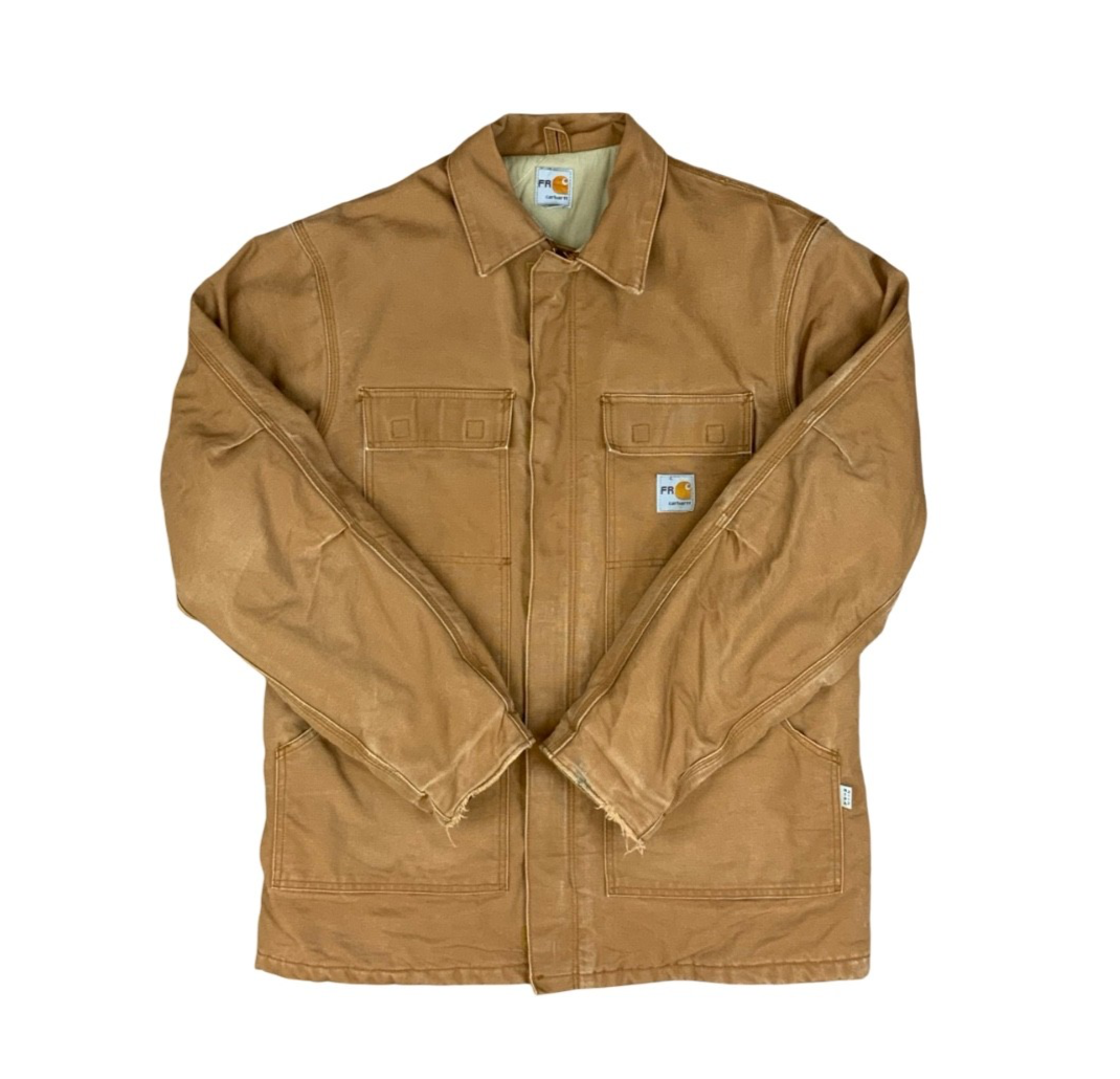 Vtg Carhartt FR tan Duck Canvas Workwear chore Jacket Hamilton Brown UK XL