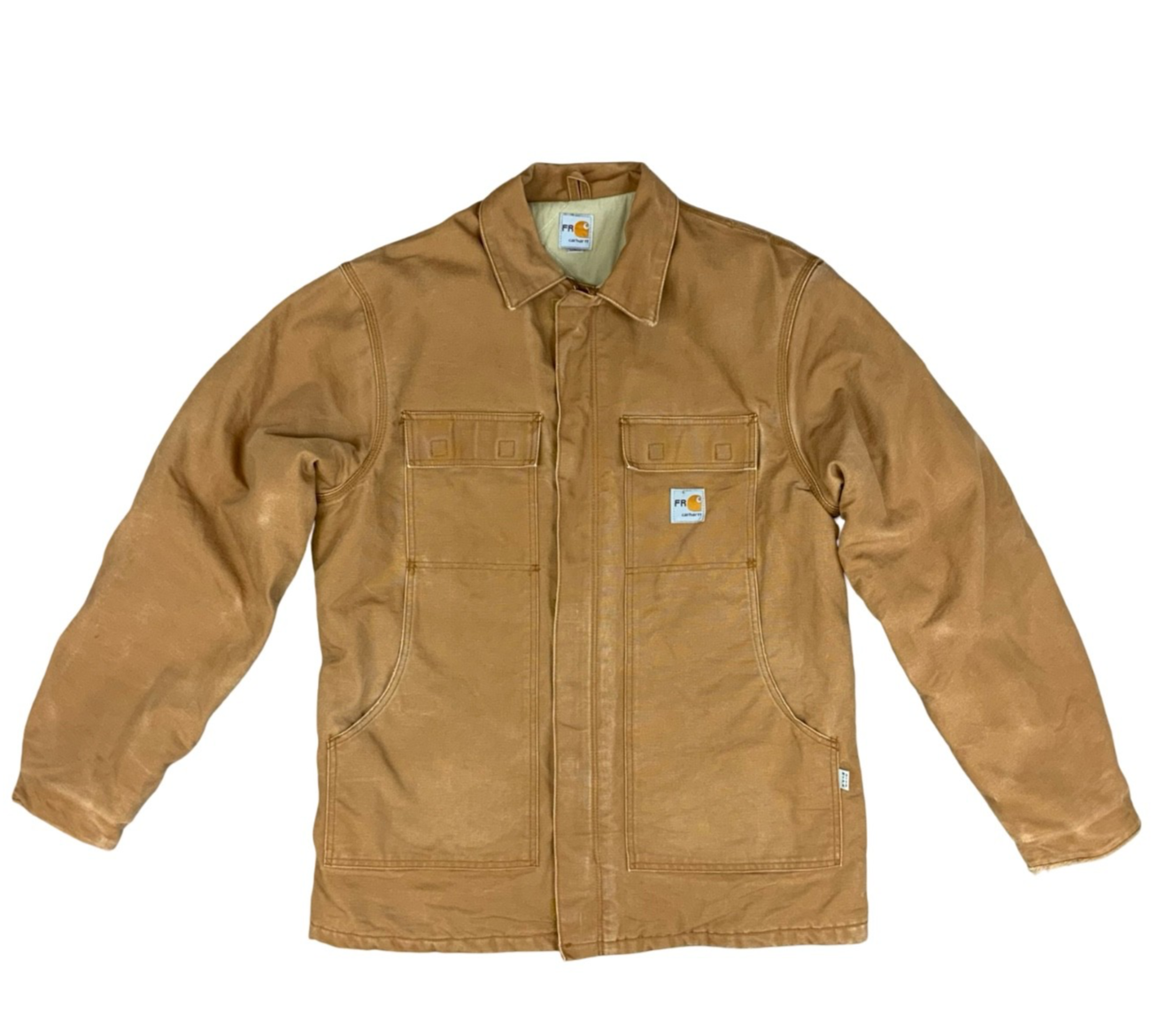 Vtg Carhartt FR tan Duck Canvas Workwear chore Jacket Hamilton Brown UK XL