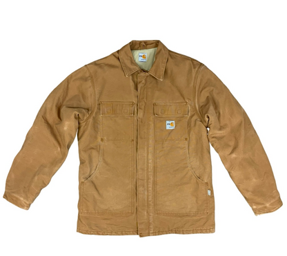 Vtg Carhartt FR tan Duck Canvas Workwear chore Jacket Hamilton Brown UK XL