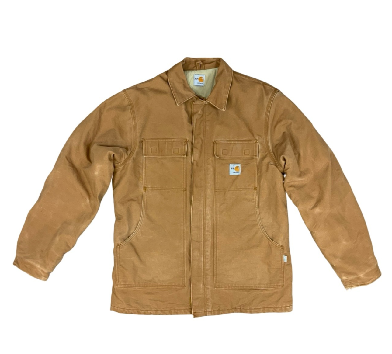 Vtg Carhartt FR tan Duck Canvas Workwear chore Jacket Hamilton Brown UK XL