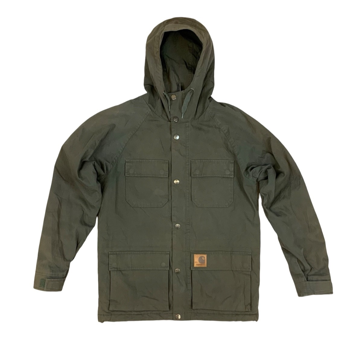 Carhartt Mosley khaki Hooded Parka Poly Cotton Zip Jacket Warm Winter Lined UK S