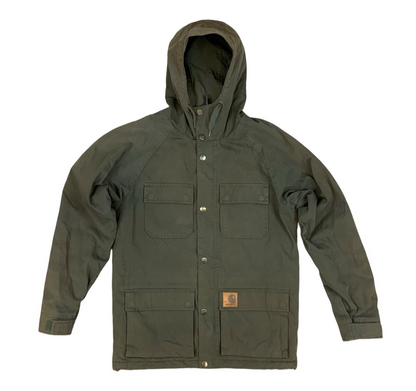Carhartt Mosley khaki Hooded Parka Poly Cotton Zip Jacket Warm Winter Lined UK S