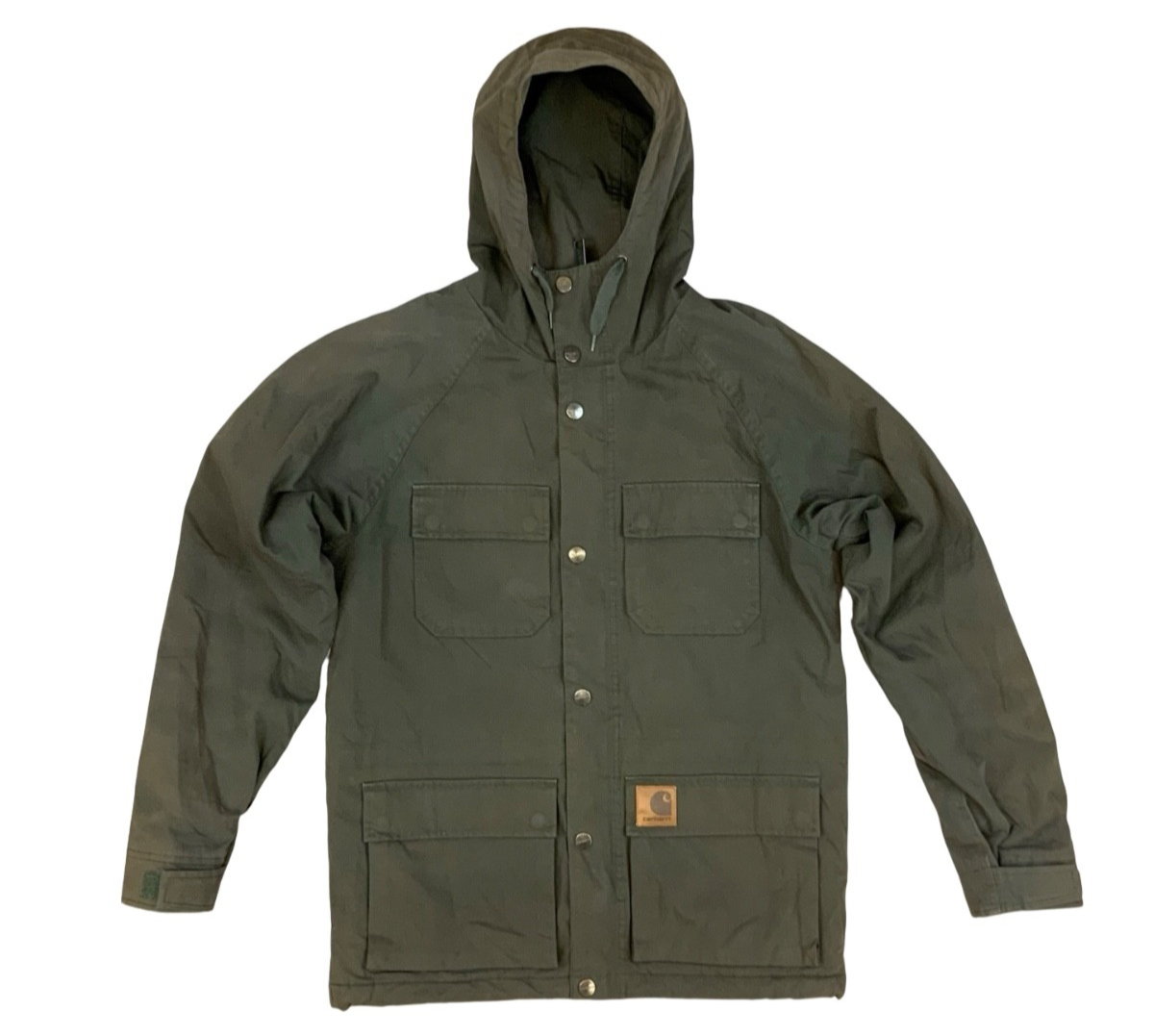 Carhartt Mosley khaki Hooded Parka Poly Cotton Zip Jacket Warm Winter Lined UK S