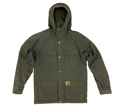 Carhartt Mosley khaki Hooded Parka Poly Cotton Zip Jacket Warm Winter Lined UK S