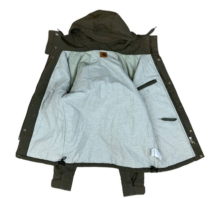 Carhartt Mosley khaki Hooded Parka Poly Cotton Zip Jacket Warm Winter Lined UK S
