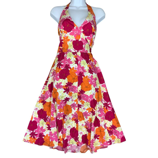 Vtg 'GUESS' Pink Orange Yellow Floral Halter Summer Beach A-Line Dress UK S 8/10