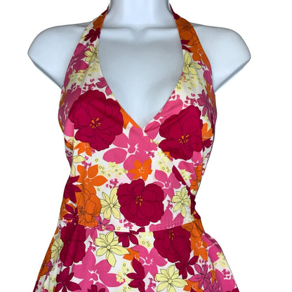 Vtg 'GUESS' Pink Orange Yellow Floral Halter Summer Beach A-Line Dress UK S 8/10