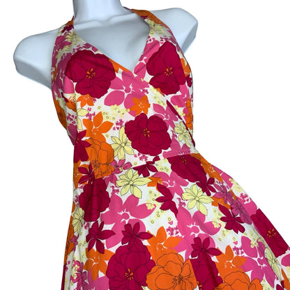 Vtg 'GUESS' Pink Orange Yellow Floral Halter Summer Beach A-Line Dress UK S 8/10