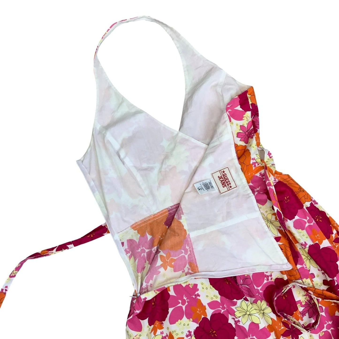 Vtg 'GUESS' Pink Orange Yellow Floral Halter Summer Beach A-Line Dress UK S 8/10