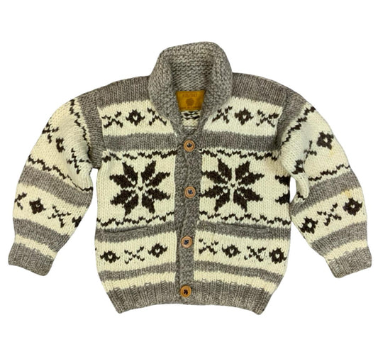 Vtg Wool Hand Knit Traditional Native Canadian Cowichan Cardigan Salish Indian L