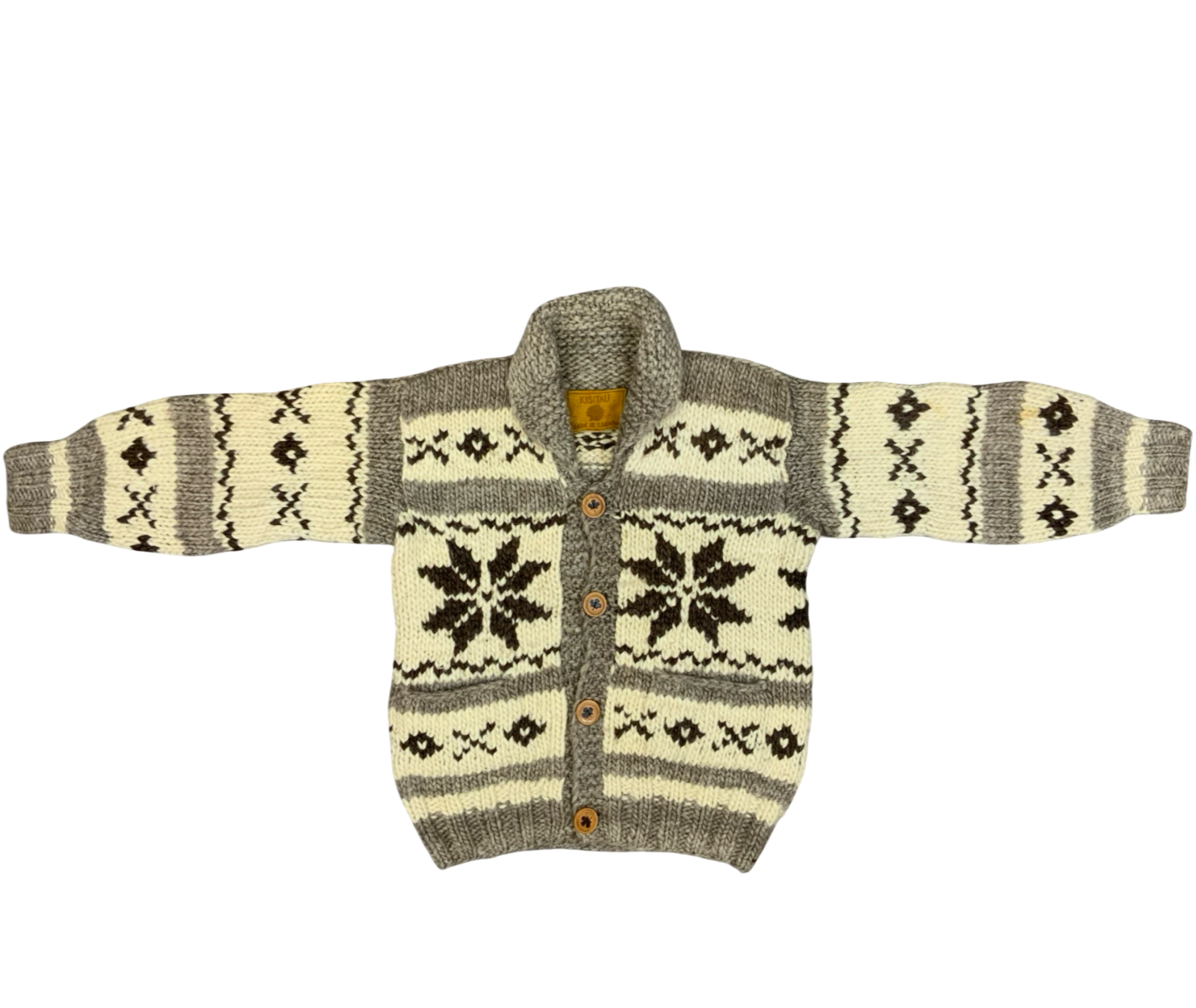 Vtg Wool Hand Knit Traditional Native Canadian Cowichan Cardigan Salish Indian L