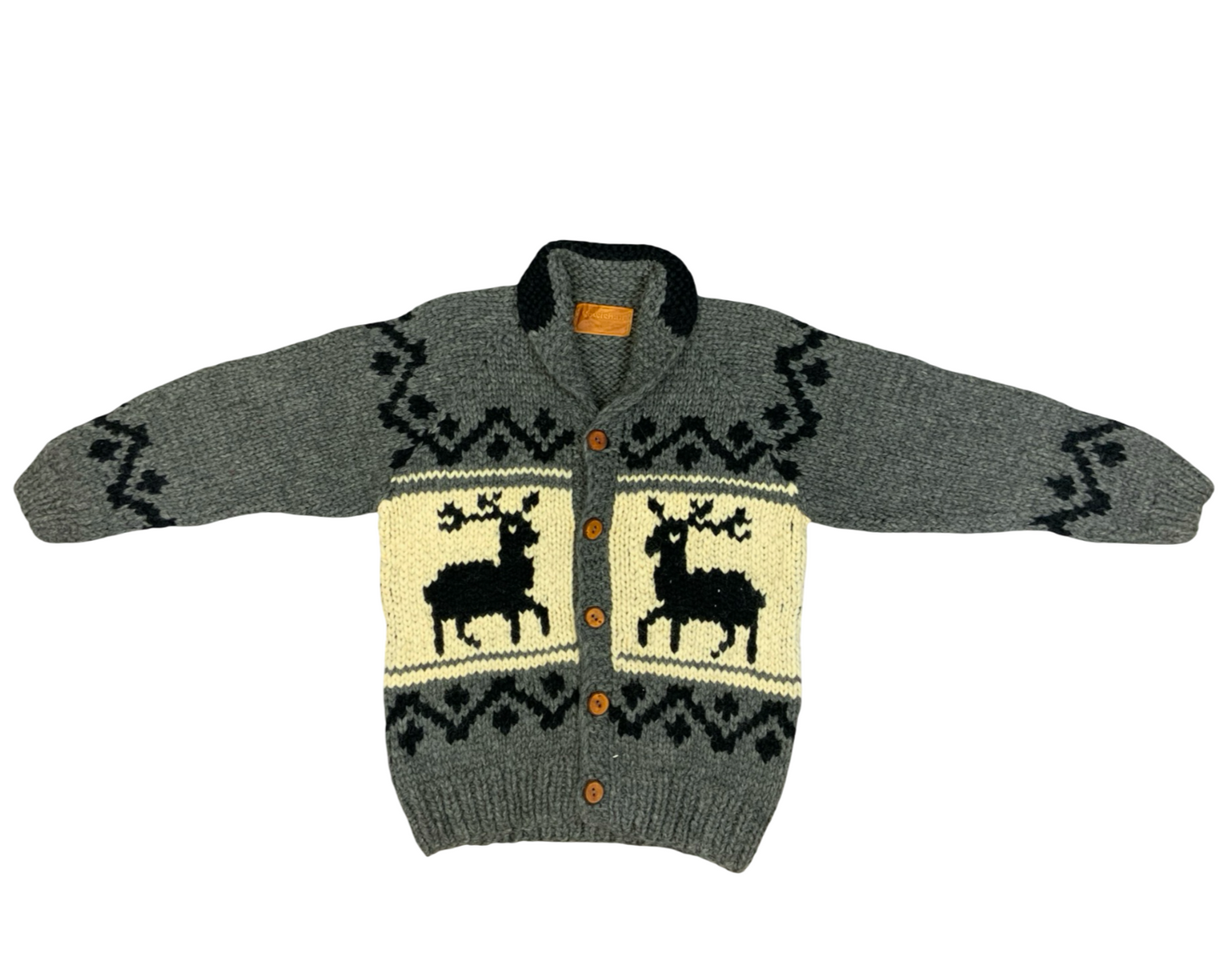 Vtg Wool HandKnit Traditional Native Canadian Cowichan Cardigan Salish Indian L