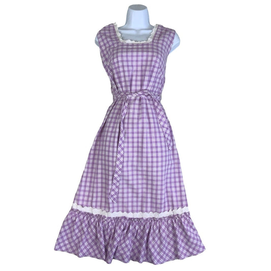 Vintage 70s 80s Purple White Cottagecore Gingham Plaid Check Prairie Midi Dress