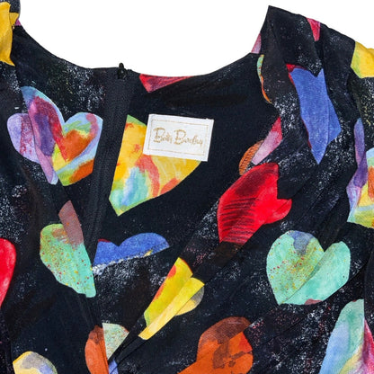 Vintage 80s 90s ‘Betty Barclay’ Black Multicoloured Love Heart Pockets V-Neck Aline Mini Dress 10 12