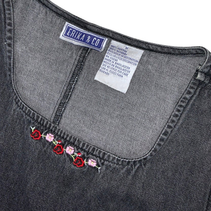 Vintage 90s ‘Erica & Co’ Black Denim Embroidered Maxi Summer Dress 12 14