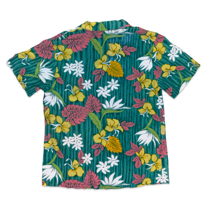 90s Teal Yellow & Pink Floral Hawaiian Shirt 8 10 12