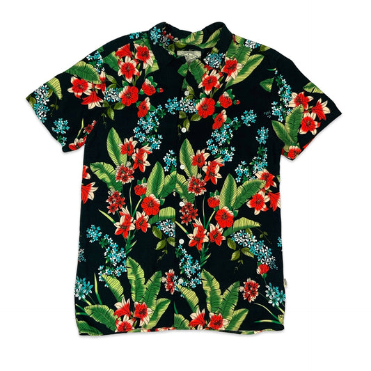 80s Black Floral Shirt M