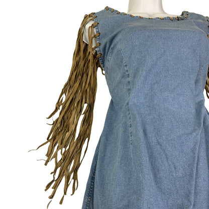 Vintage 90s 00s Y2k Suede Leather Tassel Sleeveless Midi Festival Boho Summer Dress 10 12 S