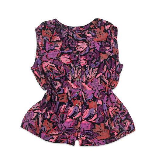 80s Black Purple & Red Floral Sleeveless Blouse 12 14 16 18