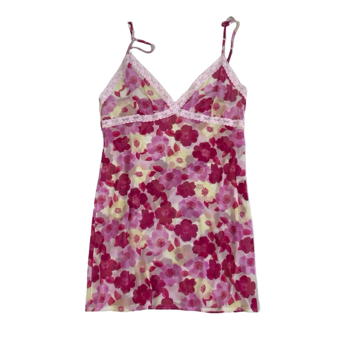 Vintage 90s y2k ‘Grain de Thé’ Pink Cream White Floral Mesh Mini Slip Dress 10 12