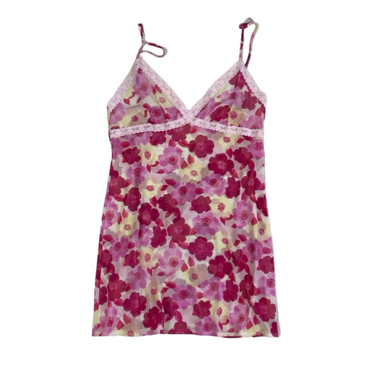 Vintage 90s y2k ‘Grain de Thé’ Pink Cream White Floral Mesh Mini Slip Dress 10 12
