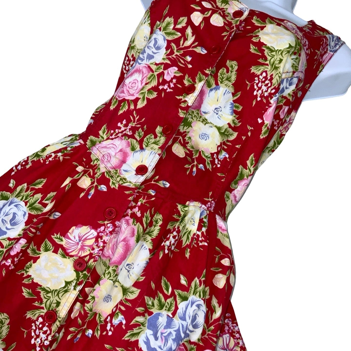 Vintage 80s 90s 'Citilites' Red Floral Aline Pockets Sleeveless Midi Dress 14 16 18
