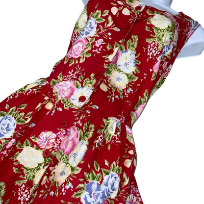 Vintage 80s 90s 'Citilites' Red Floral Aline Pockets Sleeveless Midi Dress 14 16 18