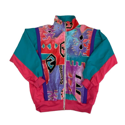 Vintage 80s 90s ‘Silver Threads’ Green Pink Purple Crazy Patterned Windbreaker Bomber Jacket M L