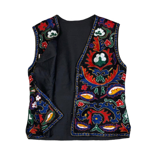 Vintage 80s 90s Red Green White Black Embroidered Tapestry Folk Botanical Waistcoat 10 12