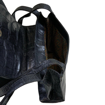 Black Leather Animal Print Embossed Double Strap Shoulder Handbag Purse