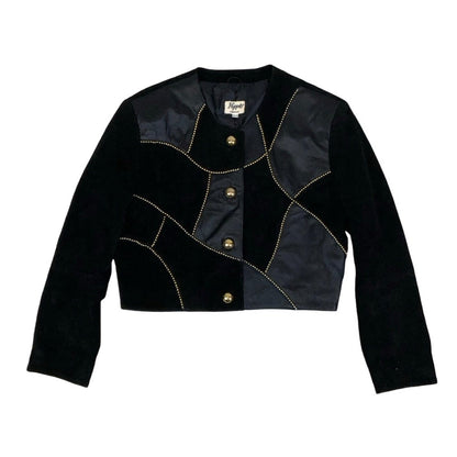 Vintage 80s ‘Kippie Company’ Black Patchwork Beaded Statement Crop Suede Leather Jacket 14 16
