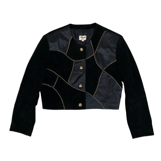 Vintage 80s ‘Kippie Company’ Black Patchwork Beaded Statement Crop Suede Leather Jacket 14 16
