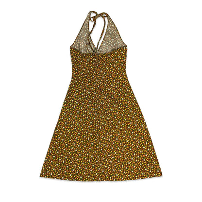 Vintage Orange & Brown Floral Halterneck Dress 6 8