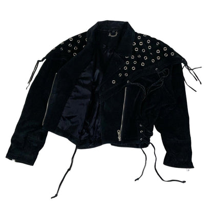 Vintage 90s ‘Yessica’ Black Suede Punk Tassel Studded Leather Jacket 12 14