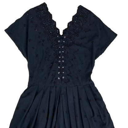 Vintage Black Floral Cut Out Midi Cocktail Occasion Dress 12 14