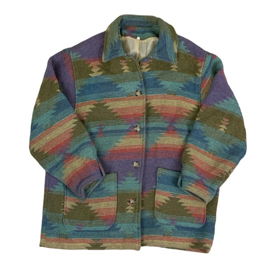 Vintage 90s Native Art Tribal Blue Green Red Aztek Navajo Tapestry Coat L XL