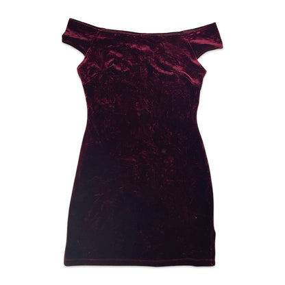 90s Red Velour Off Shoulder Mini Dress 10 12 14