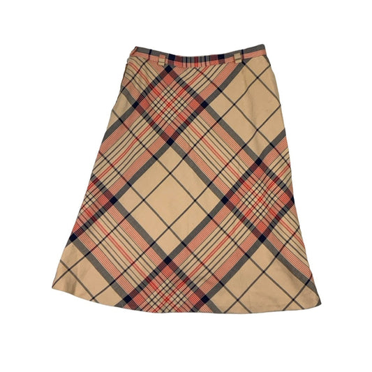 Vintage 60s 70s ‘Trevira’ Beige Red Navy Tartan Midi Skirt S 10 12