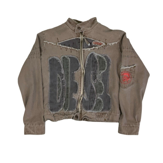 Vintage RARE 90s ‘Diesel’ Brown Grey Embroidered Bomber Denim Jacket UK 6 8 10 S