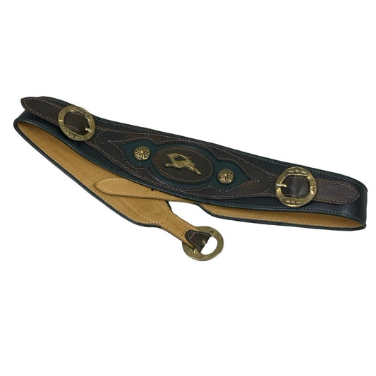 Vintage 80s 90s ‘Ray Busa’ Green Black Brown Leather Deer Stud Buckle Gold Leaf