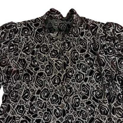 80s Sheer Black & Silver Floral Blouse 10 12 14 16