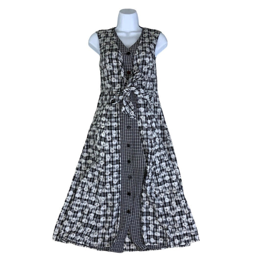 Vintage 90s Black White Floral Check Gingham Sleeveless Maxi Dress 8 10