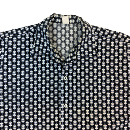 70s Blue & White Geometric Print Short Sleeve Shirt M L
