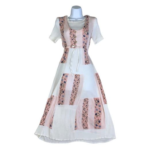 Vintage 90s Y2k Rose Pink White Floral Patchwork Cottagecore Maxi Dress UK 6 8 XS