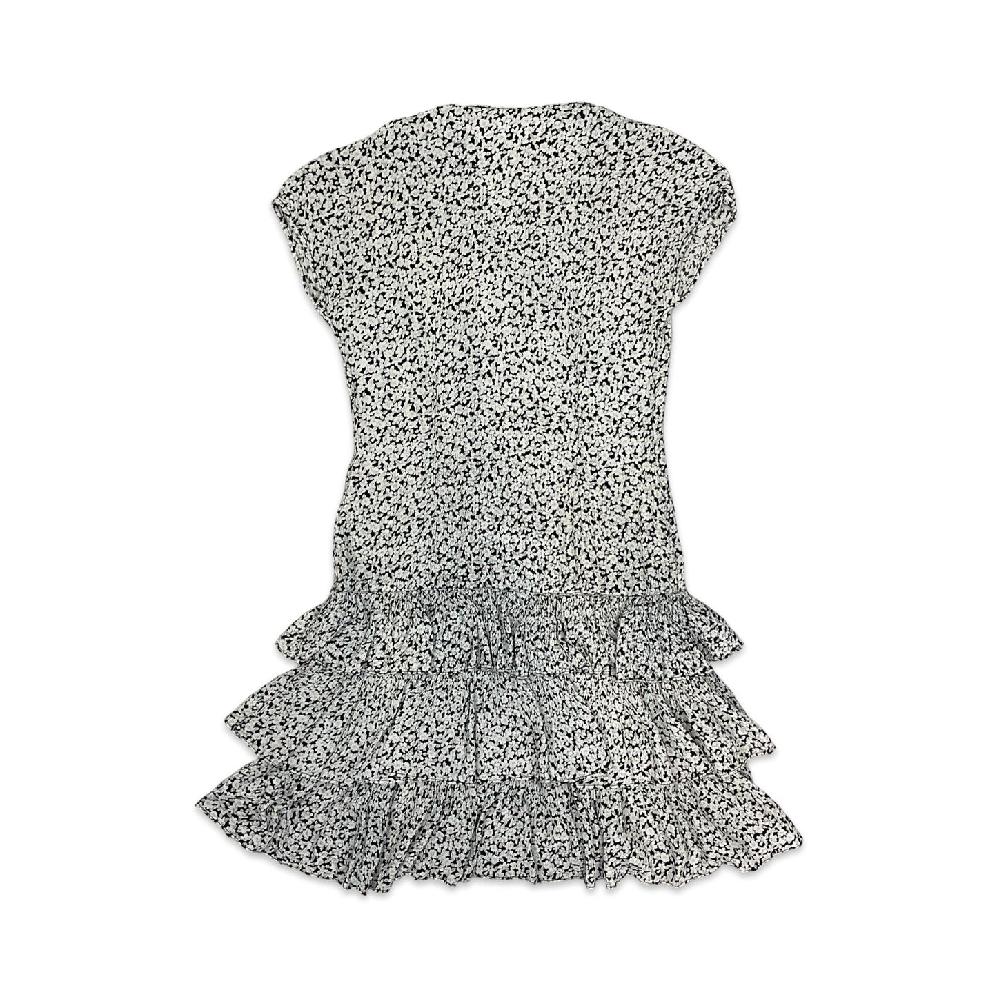 Vintage 90s Grunge Black & White Floral Ruffle Drop Waist Mini Dress