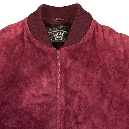 Vintage 80s 90s ‘H&M Hennes’ Burgundy Red Suede Leather Faux Fur Lined Bomber Biker Jacket 14 16