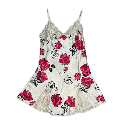 90s Y2K White & Pink Floral Slip Dress 10 12